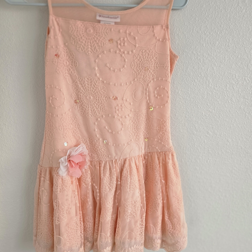 American Girl Peach Lace Kids Dress with Floral Accent
